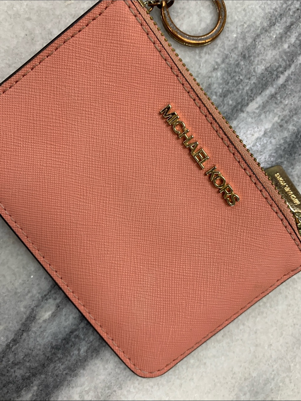 Michael Kors Coral Pink Saffiano Zip Card Case with Gold Hardware